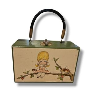 Vintage 1960s Wood Box Purse Bag Brass Hardware Mirror Olive Green